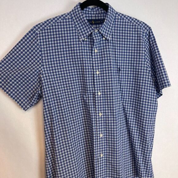 RALPH LAUREN Shirt Men's Large Blue White Plaid Short Sleeve Button Down Collar - Picture 7 of 12